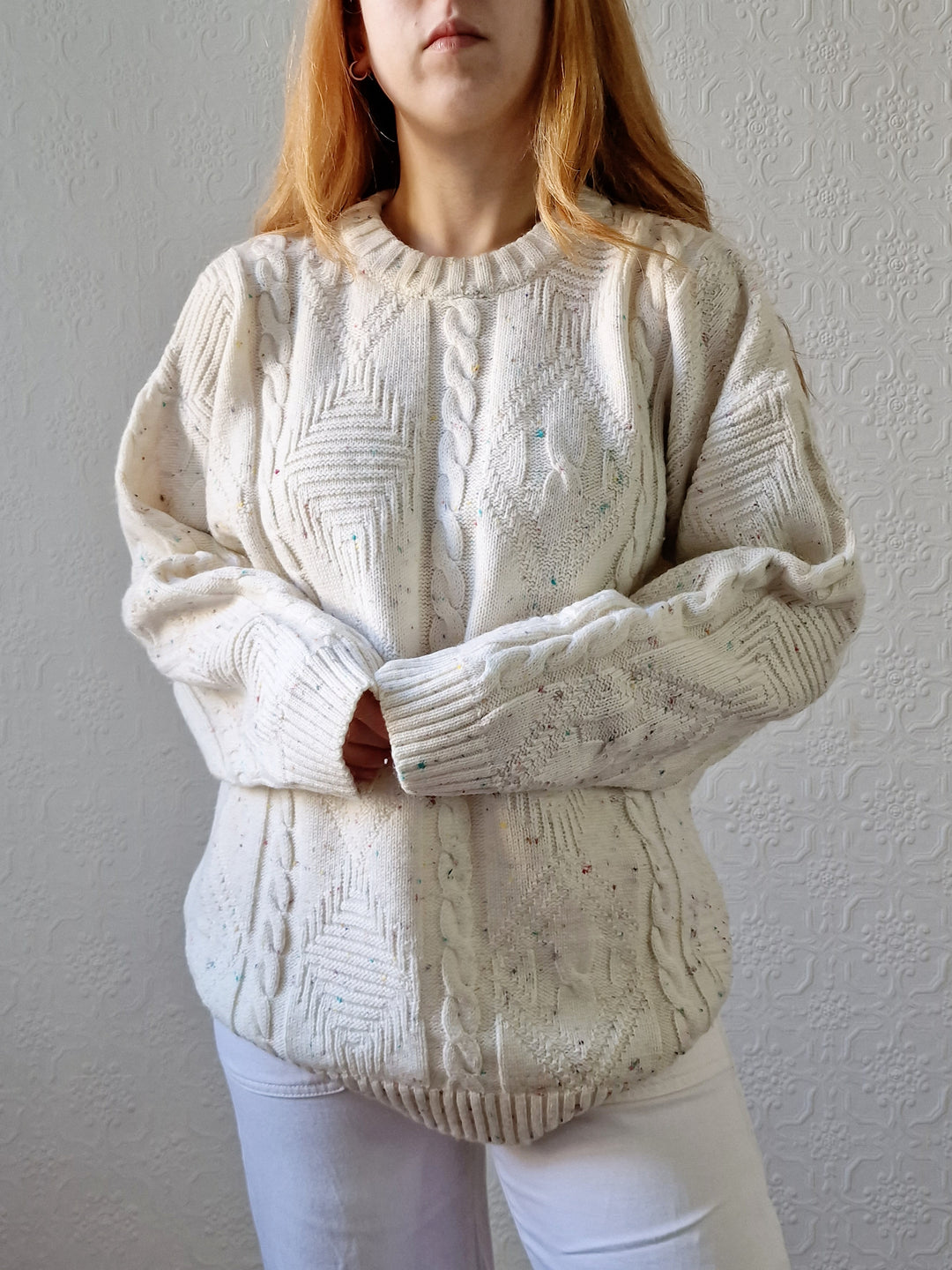 Vintage 90s Cream Aran Style Cable Knit Jumper with Multicolour Flecks - M