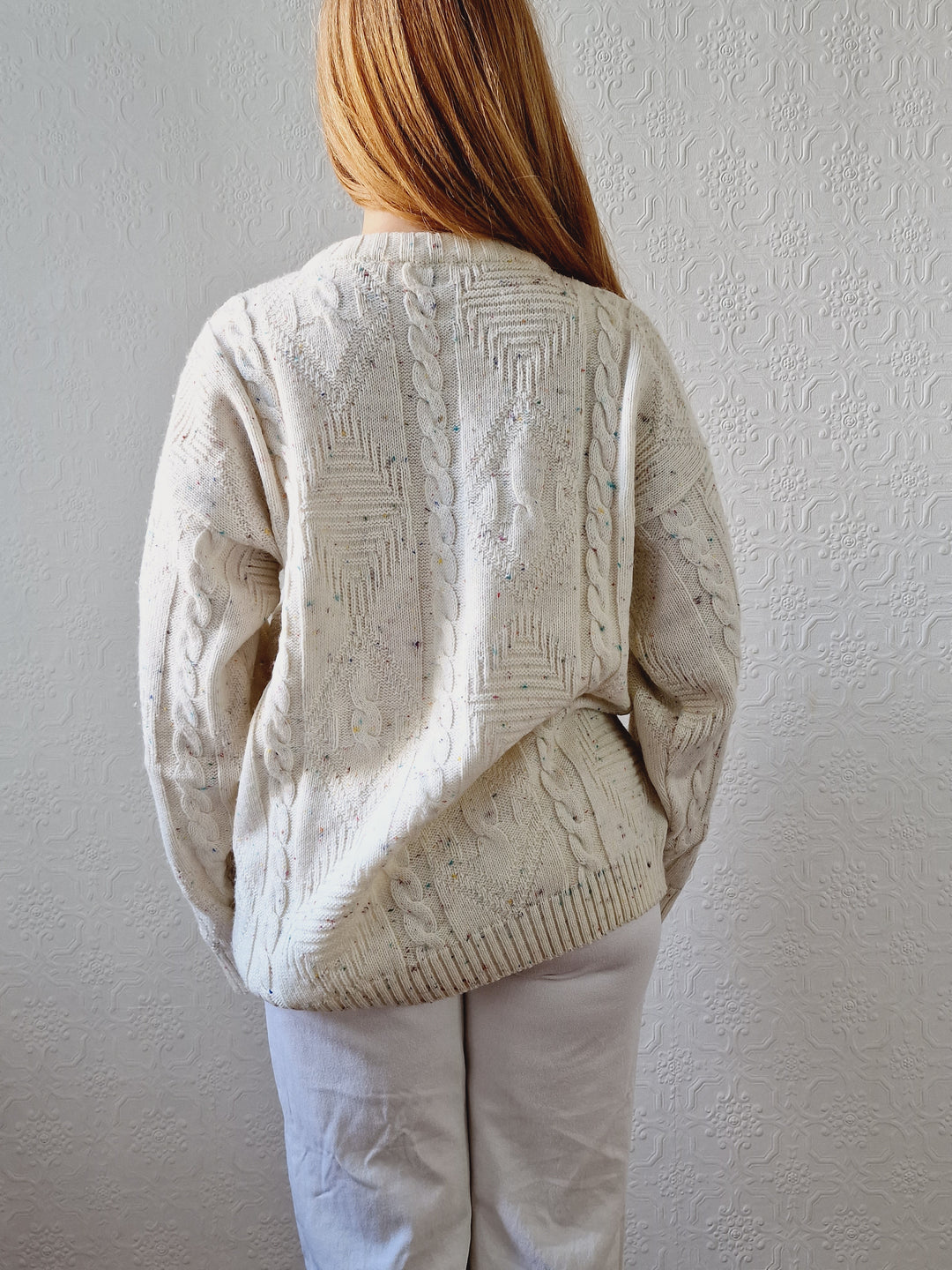 Vintage 90s Cream Aran Style Cable Knit Jumper with Multicolour Flecks - M