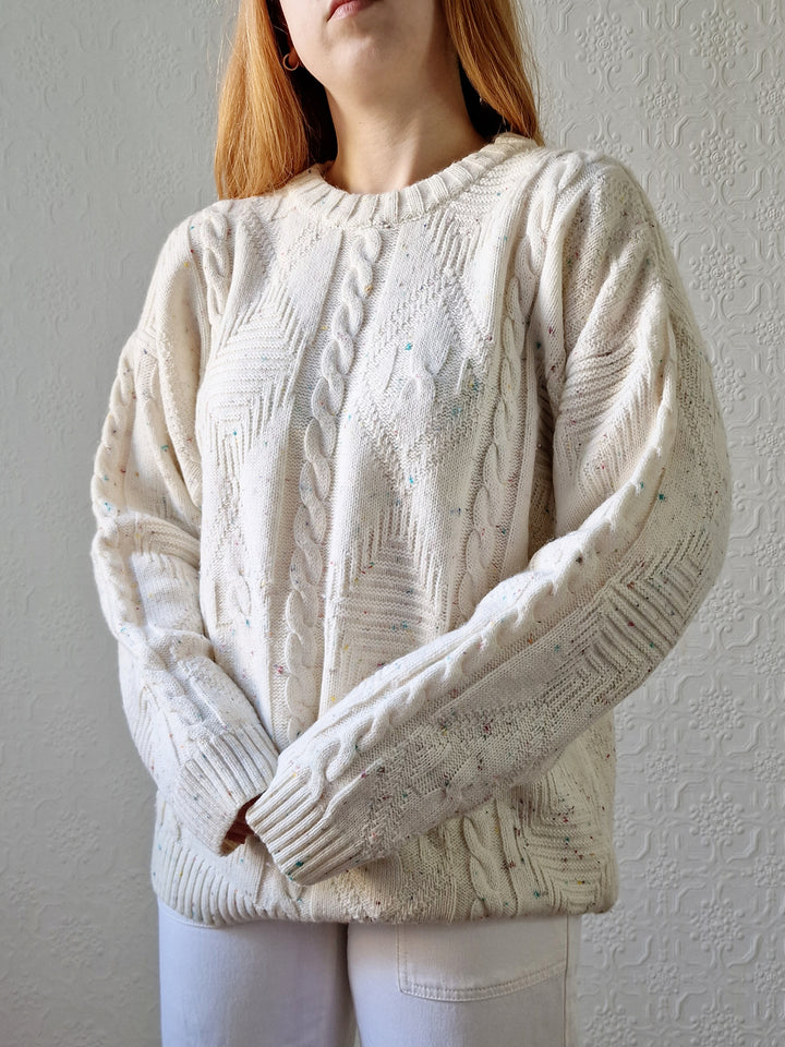 Vintage 90s Cream Aran Style Cable Knit Jumper with Multicolour Flecks - M