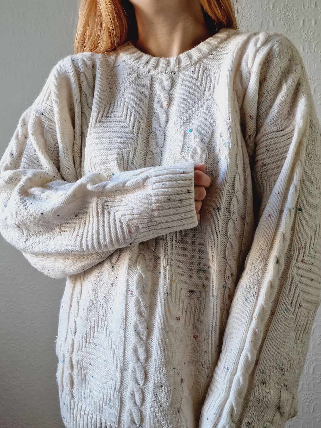 Vintage 90s Cream Aran Style Cable Knit Jumper with Multicolour Flecks - M