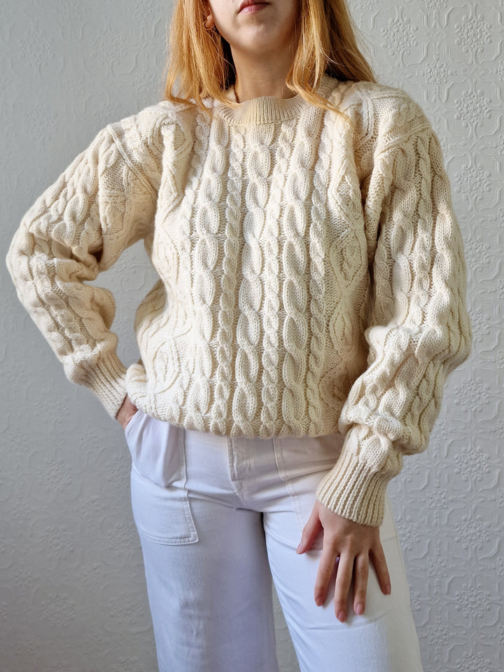 Vintage Crew Neck Wool Blend Cream Aran Jumper - M/L