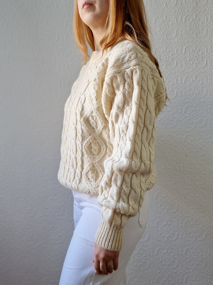 Vintage Crew Neck Wool Blend Cream Aran Jumper - M/L