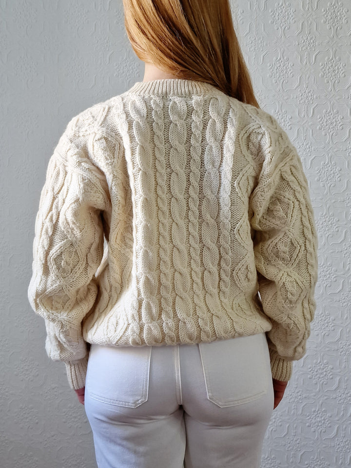 Vintage Crew Neck Wool Blend Cream Aran Jumper - M/L