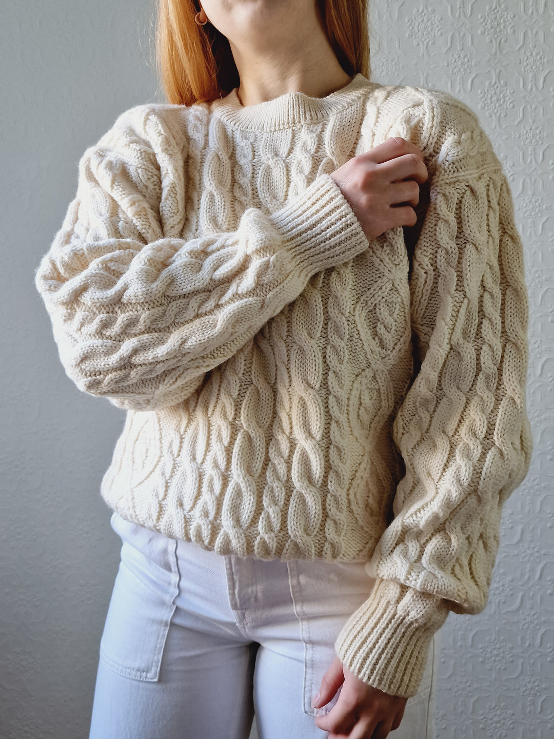 Vintage Crew Neck Wool Blend Cream Aran Jumper - M/L