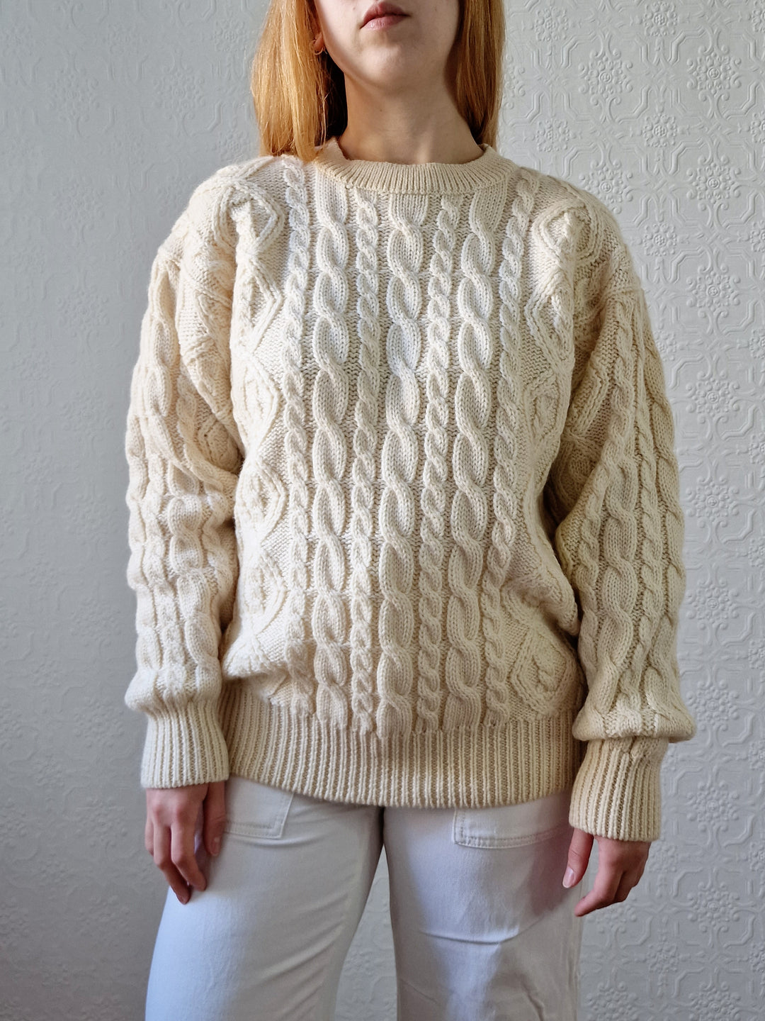 Vintage Crew Neck Wool Blend Cream Aran Jumper - M/L