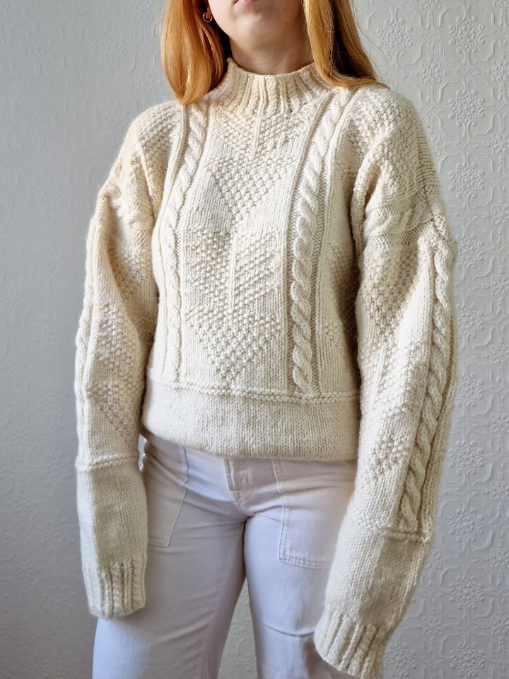 Vintage High Neck Cream Wool Thick Aran Jumper - L