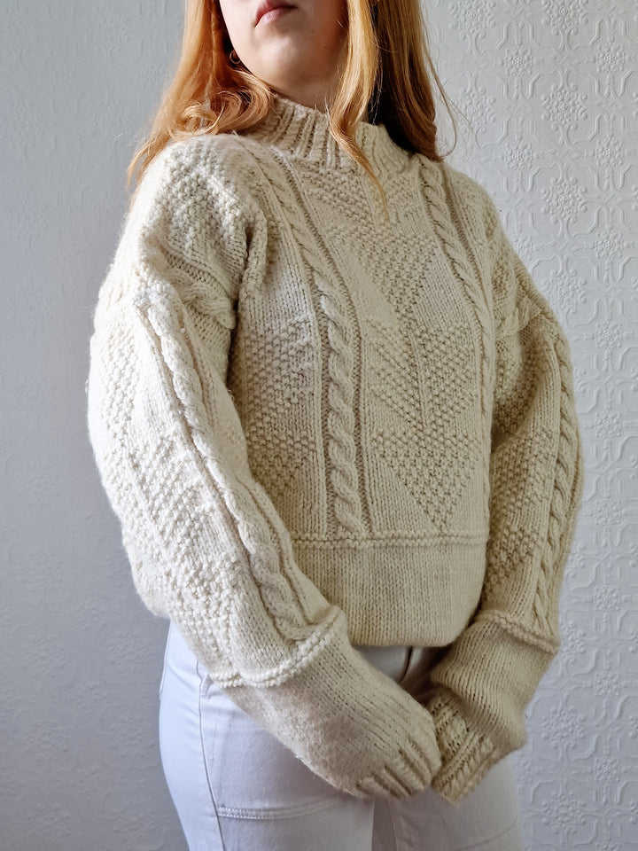 Vintage High Neck Cream Wool Thick Aran Jumper - L