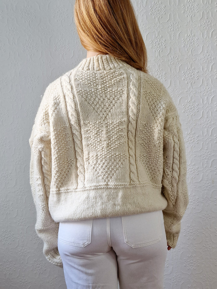 Vintage High Neck Cream Wool Thick Aran Jumper - L