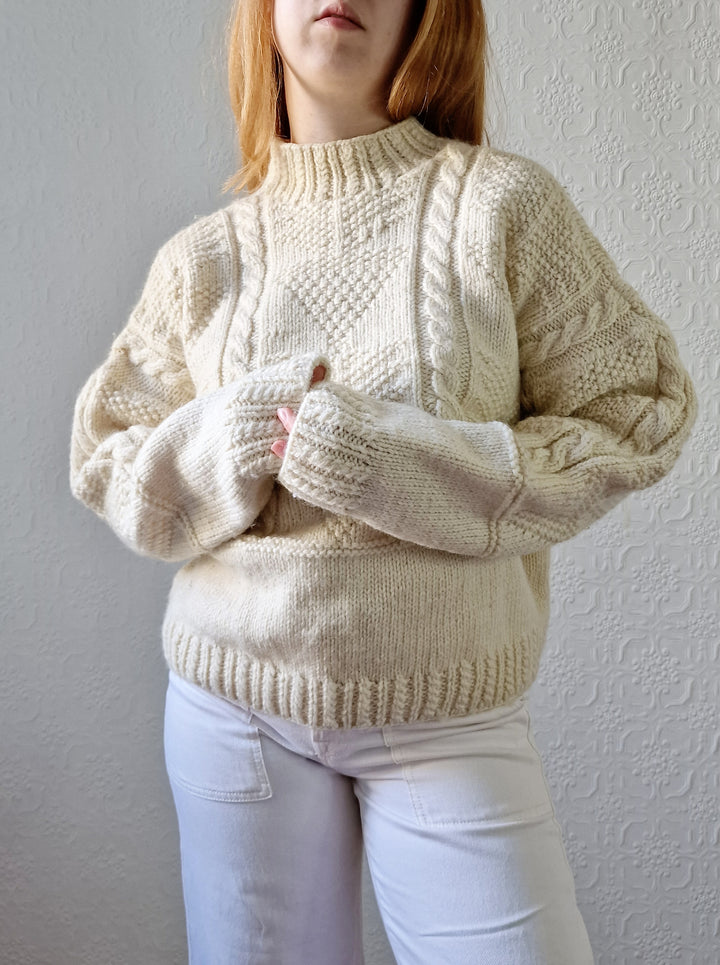 Vintage High Neck Cream Wool Thick Aran Jumper - L