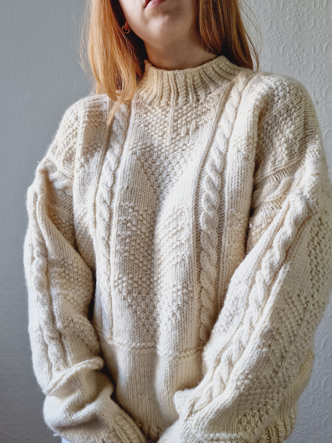 Vintage High Neck Cream Wool Thick Aran Jumper - L