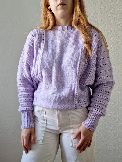 Vintage 80s Handknitted Lilac Purple Batwing Jumper with Crew Neck - S/M