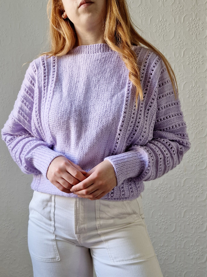 Vintage 80s Handknitted Lilac Purple Batwing Jumper with Crew Neck - S/M