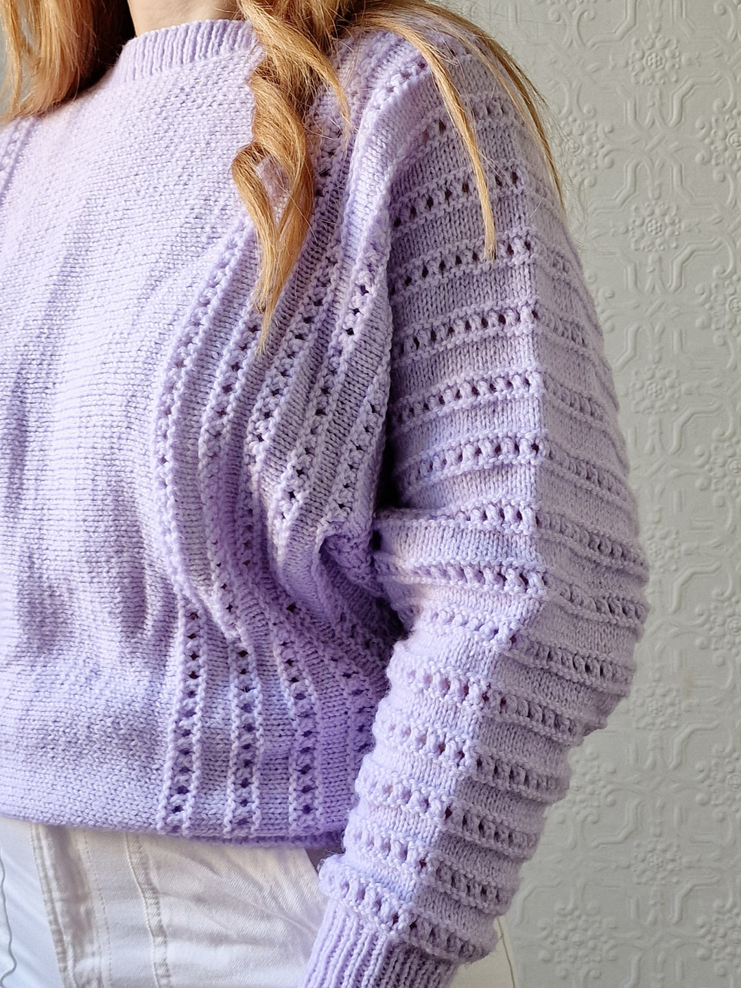 Vintage 80s Handknitted Lilac Purple Batwing Jumper with Crew Neck - S/M