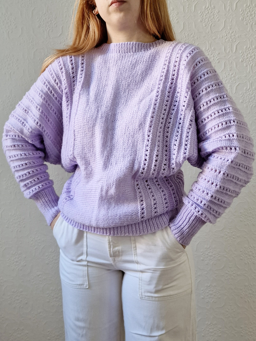 Vintage 80s Handknitted Lilac Purple Batwing Jumper with Crew Neck - S/M