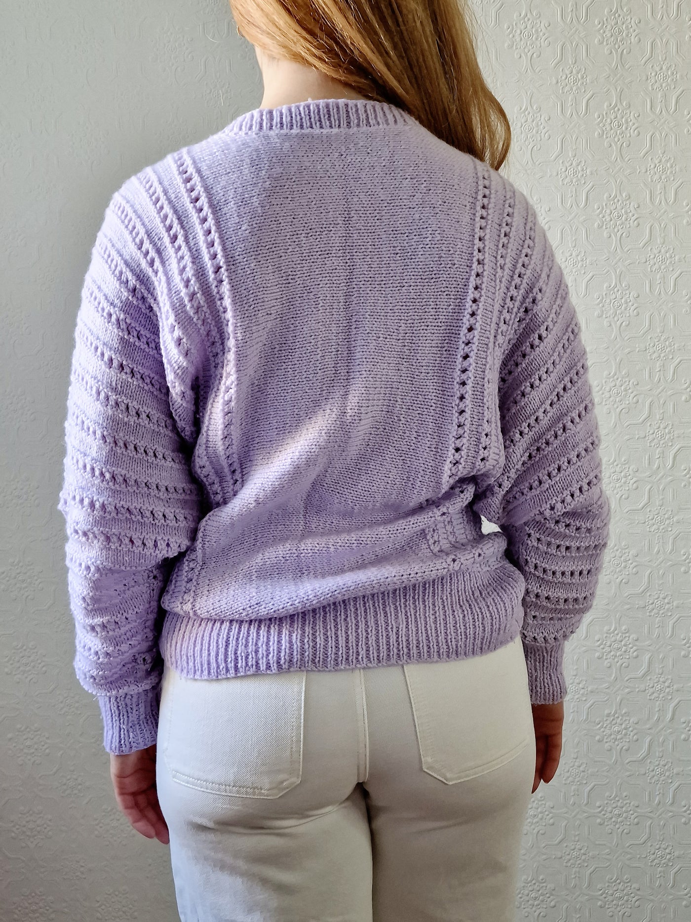 Vintage 80s Handknitted Lilac Purple Batwing Jumper with Crew Neck - S/M