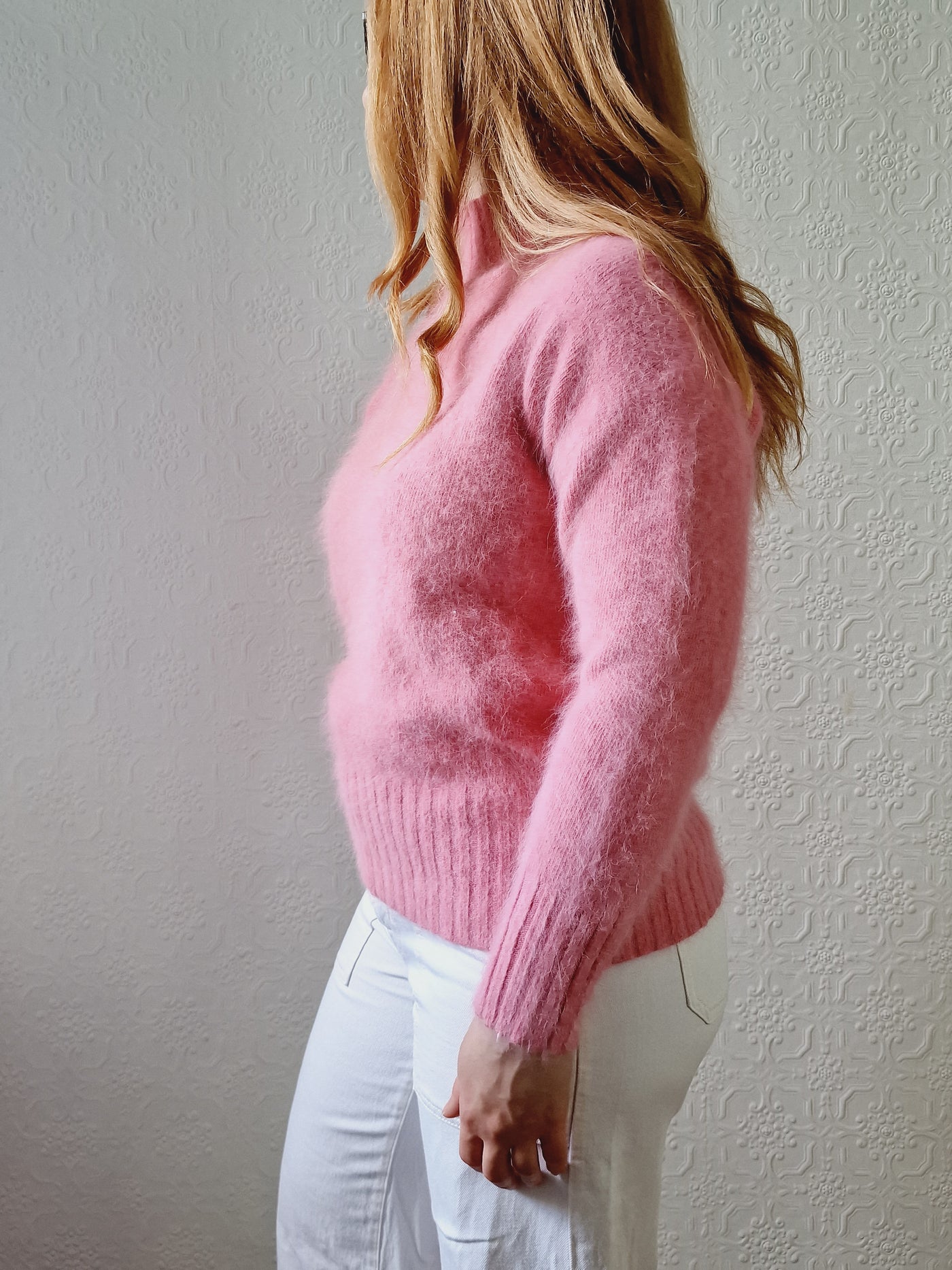 Vintage Pink Angora Jumper with High Neck - S