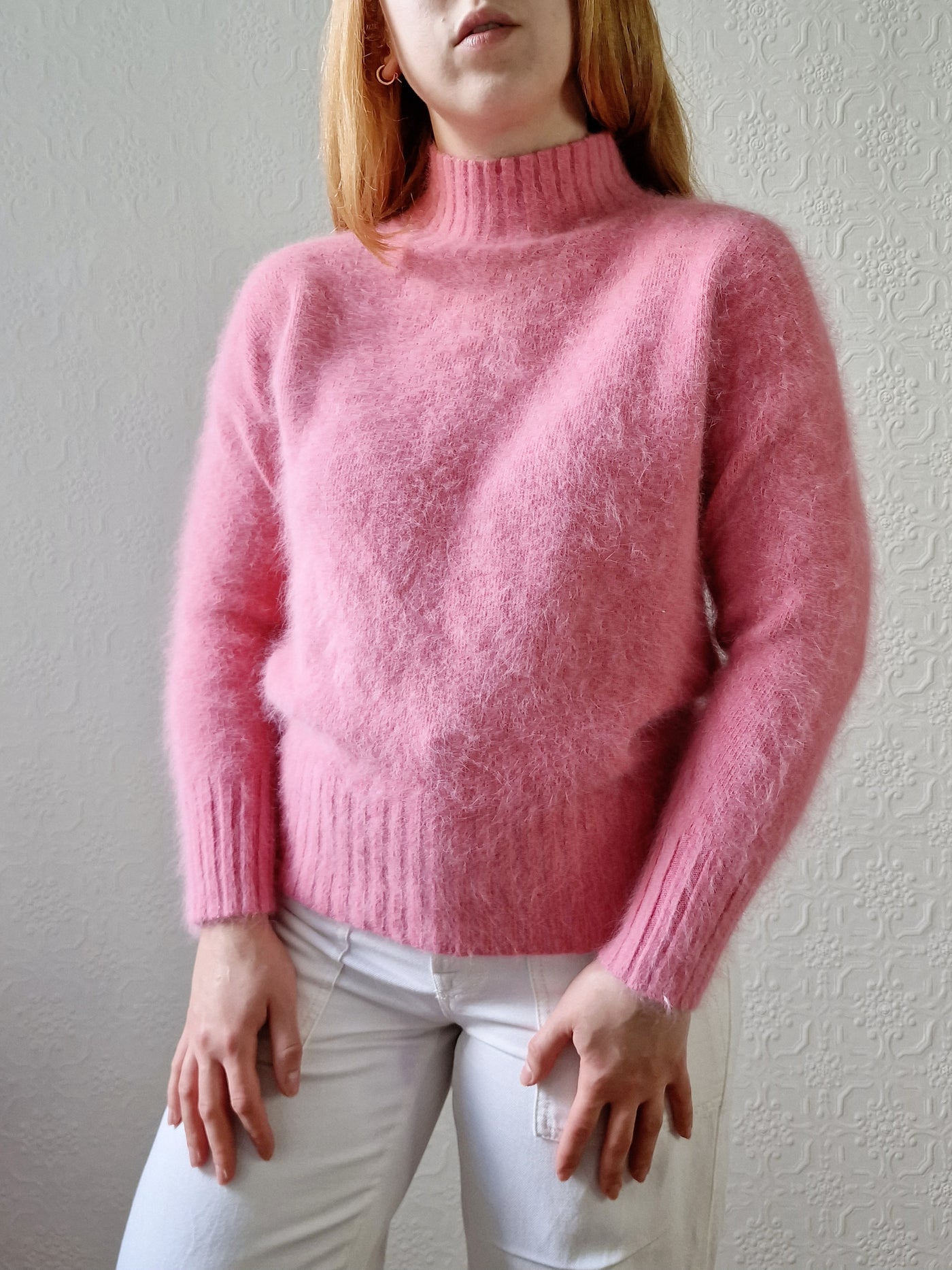 Vintage Pink Angora Jumper with High Neck - S