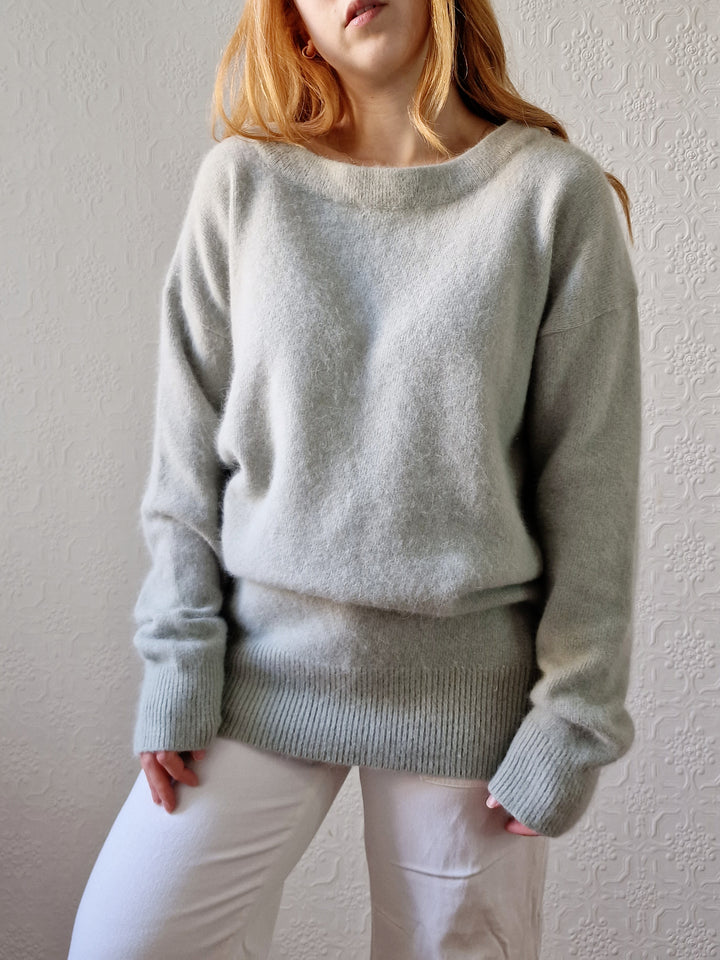 Vintage Muted Green Angora Jumper with Boat Neck - L