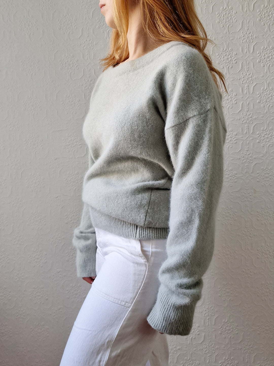 Vintage Muted Green Angora Jumper with Boat Neck - L