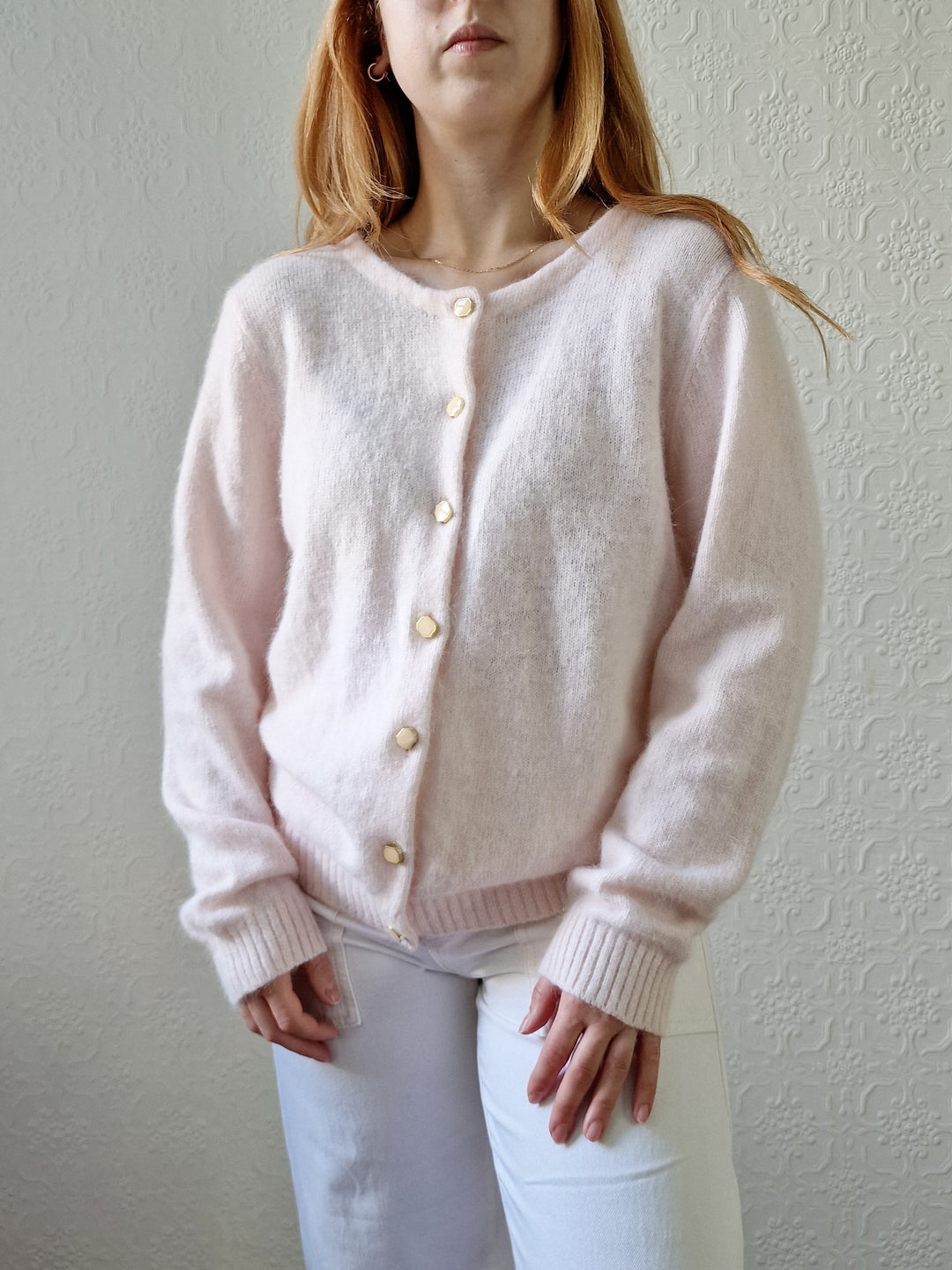 Vintage Light Pink Angora Cardigan with Round Neck - M/L