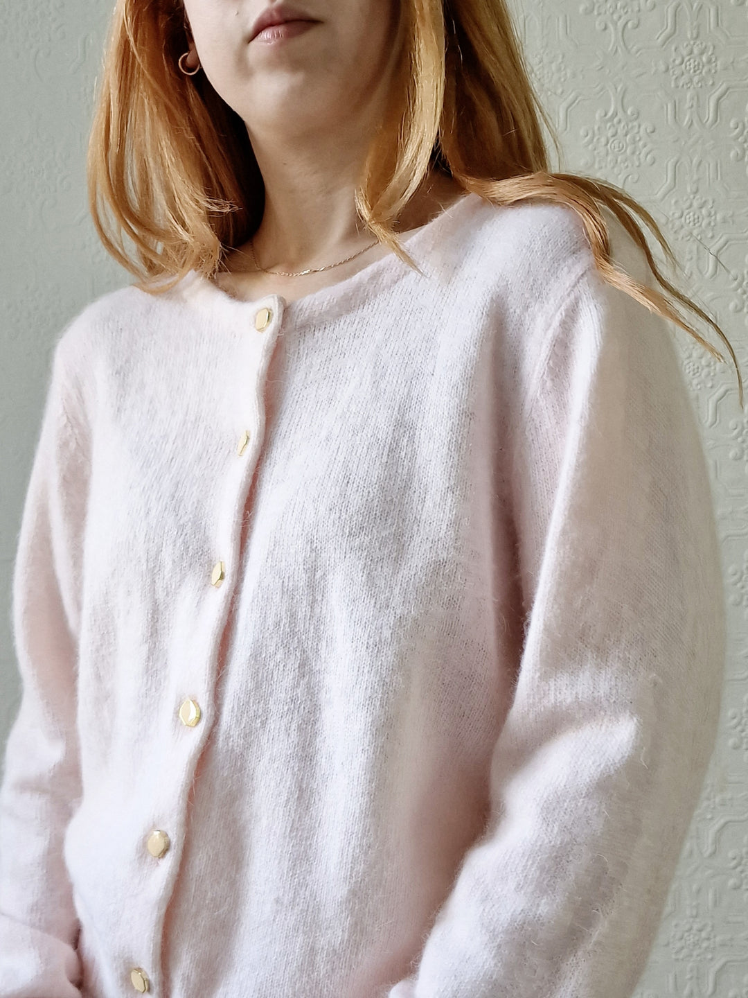 Vintage Light Pink Angora Cardigan with Round Neck - M/L