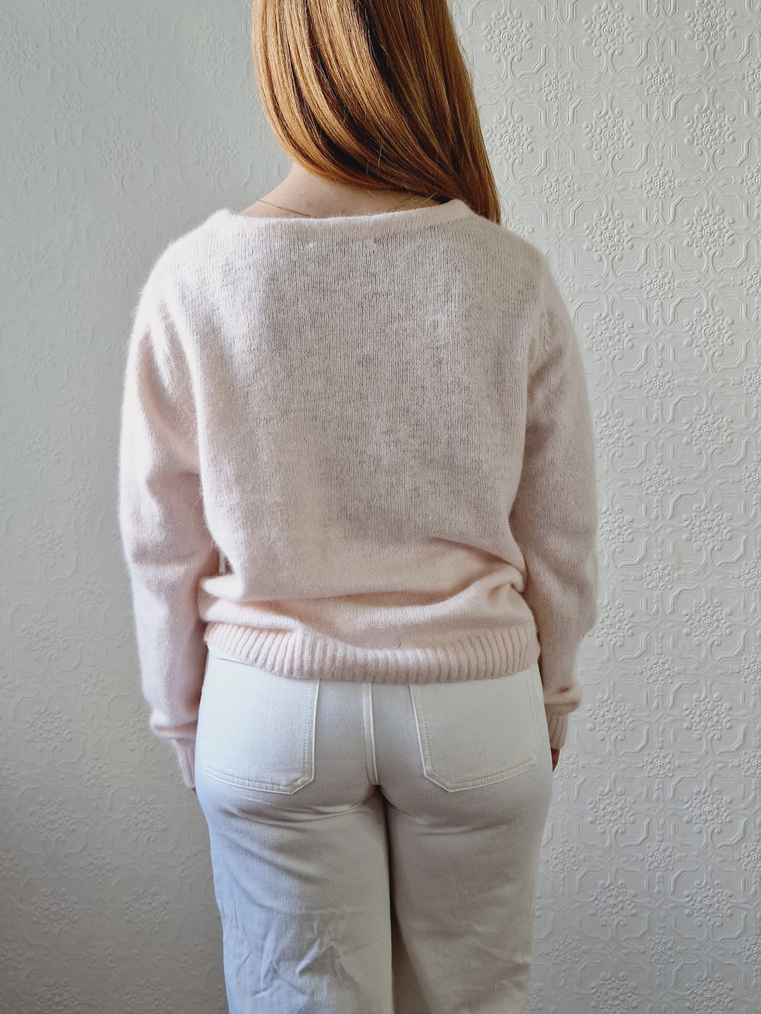 Vintage Light Pink Angora Cardigan with Round Neck - M/L