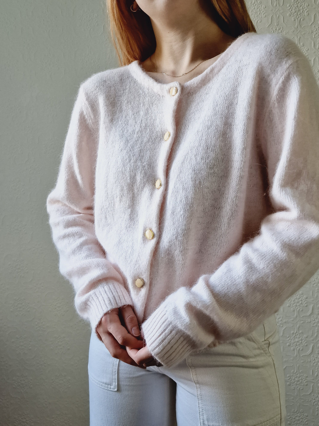 Vintage Light Pink Angora Cardigan with Round Neck - M/L