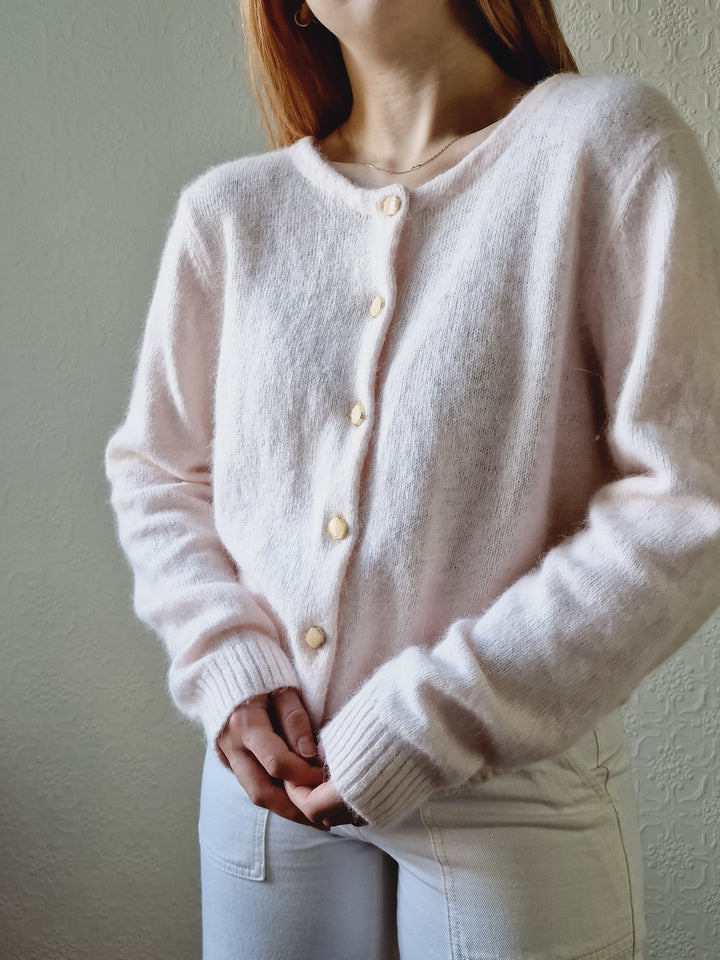 Vintage Light Pink Angora Cardigan with Round Neck - M/L