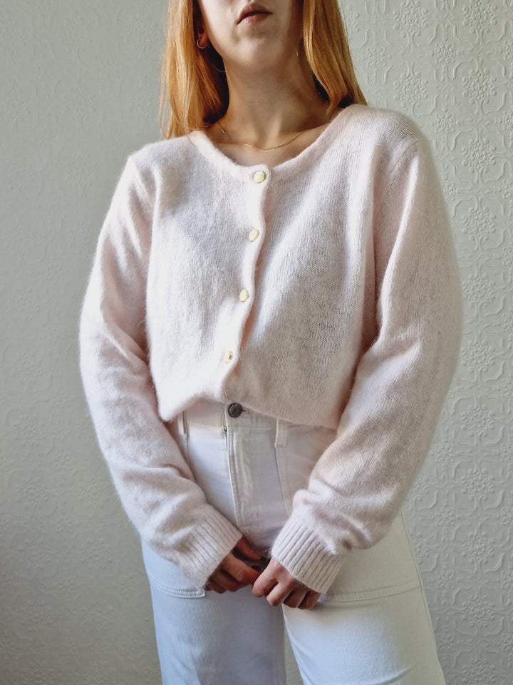 Vintage Light Pink Angora Cardigan with Round Neck - M/L