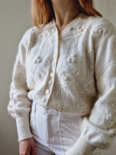 Vintage Cream Angora Cardigan with Embroidered Flowers - M
