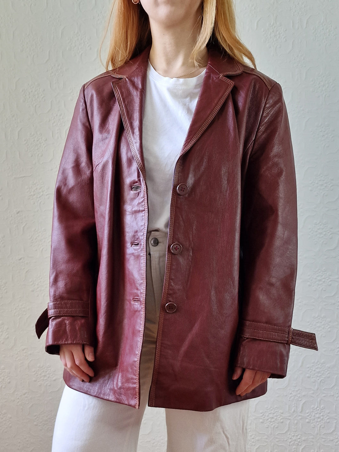 Vintage 80s Dark Cherry Red Genuine Leather Jacket with Belt - M