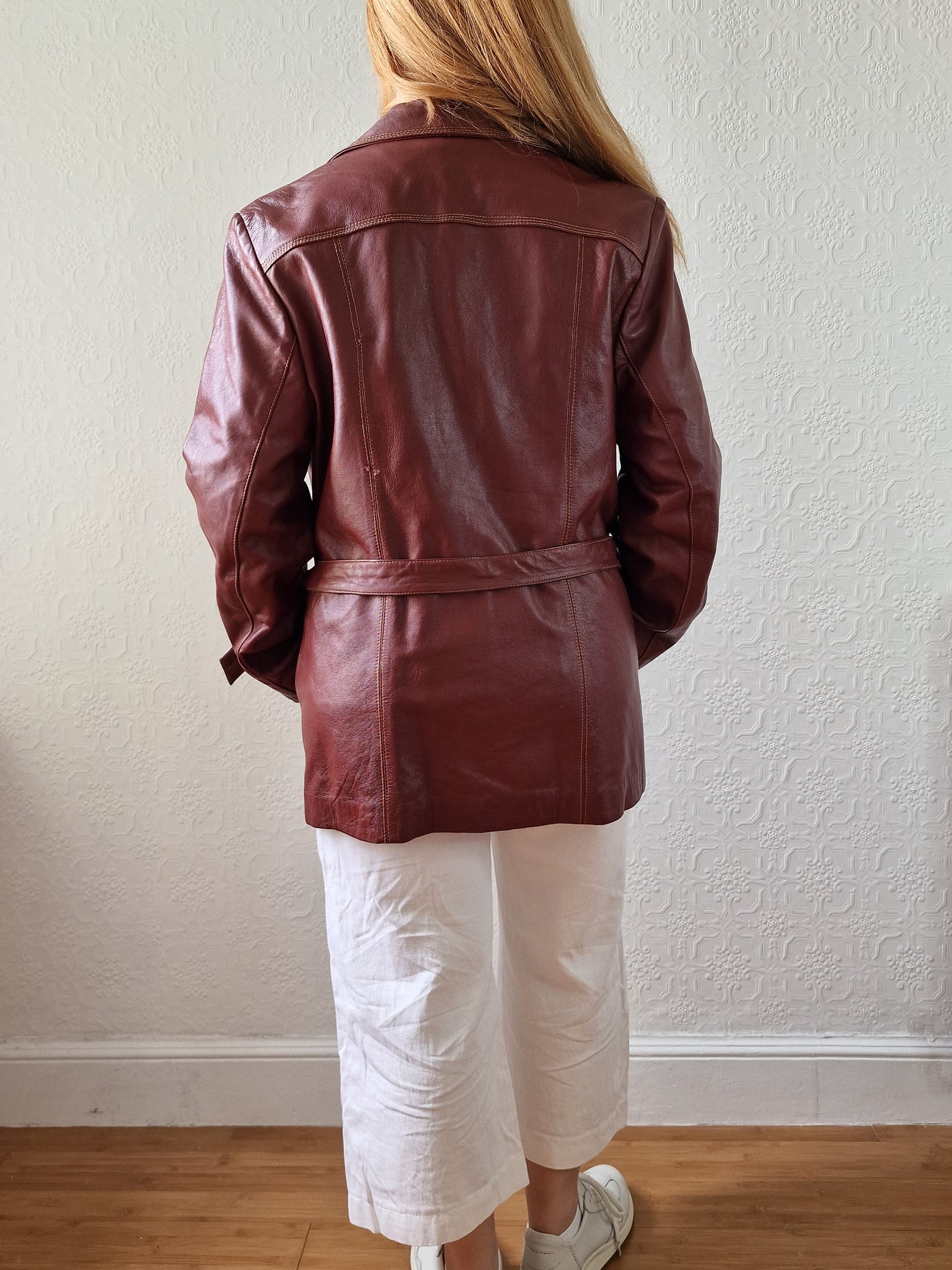 Vintage 80s Dark Cherry Red Genuine Leather Jacket with Belt - M