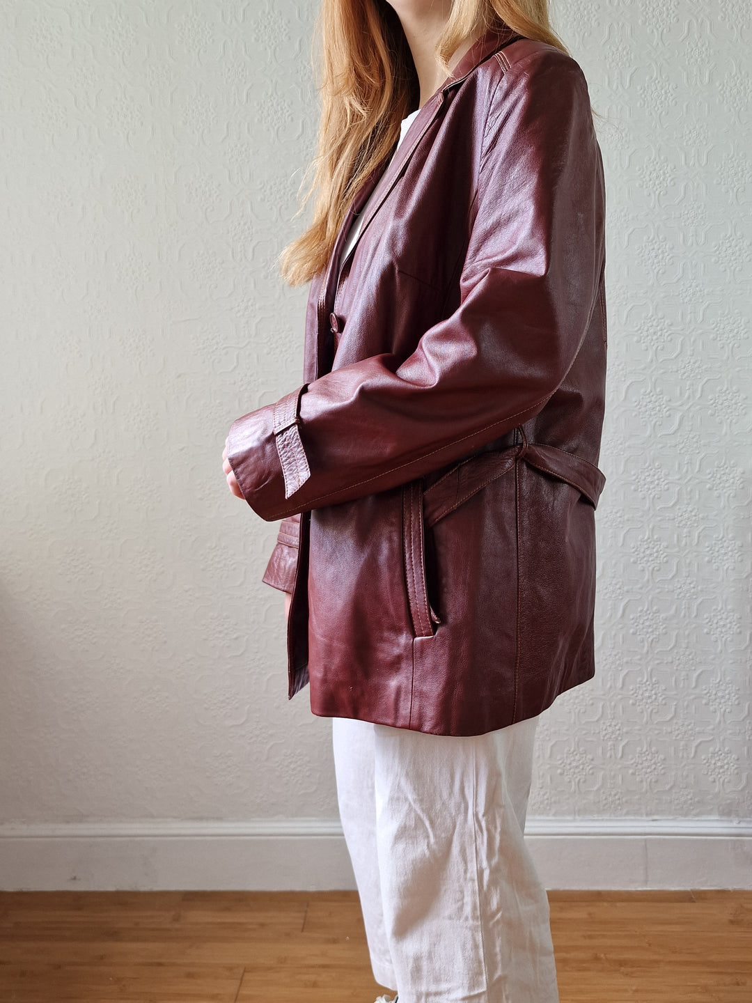 Vintage 80s Dark Cherry Red Genuine Leather Jacket with Belt - M