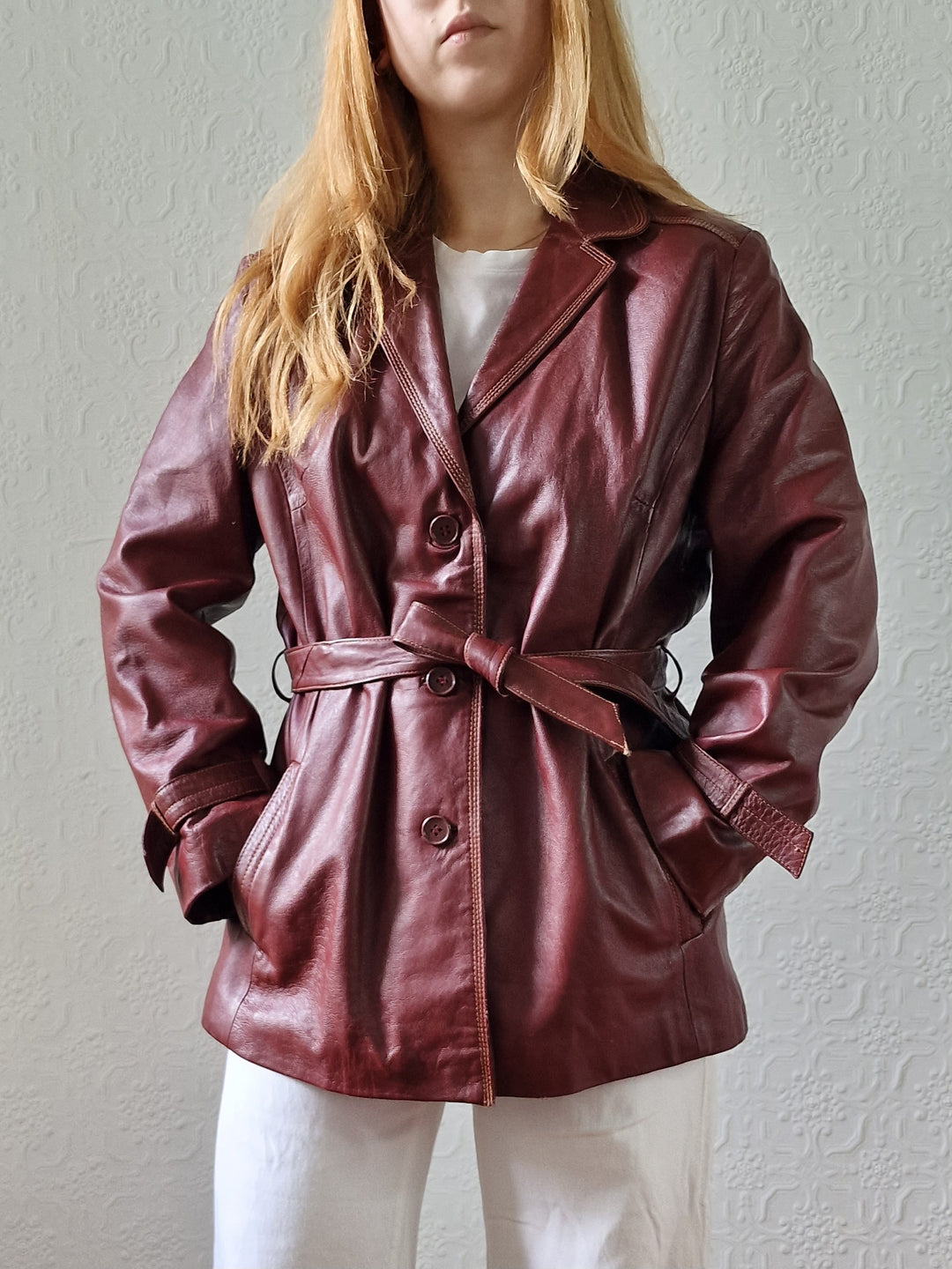 Vintage 80s Dark Cherry Red Genuine Leather Jacket with Belt - M