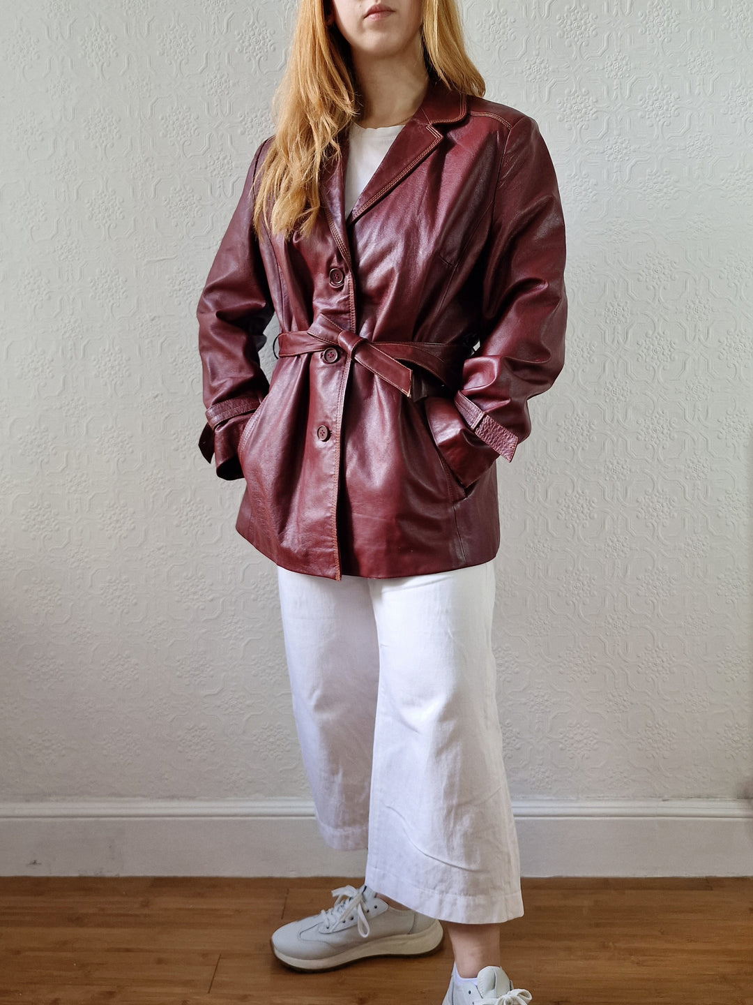 Vintage 80s Dark Cherry Red Genuine Leather Jacket with Belt - M