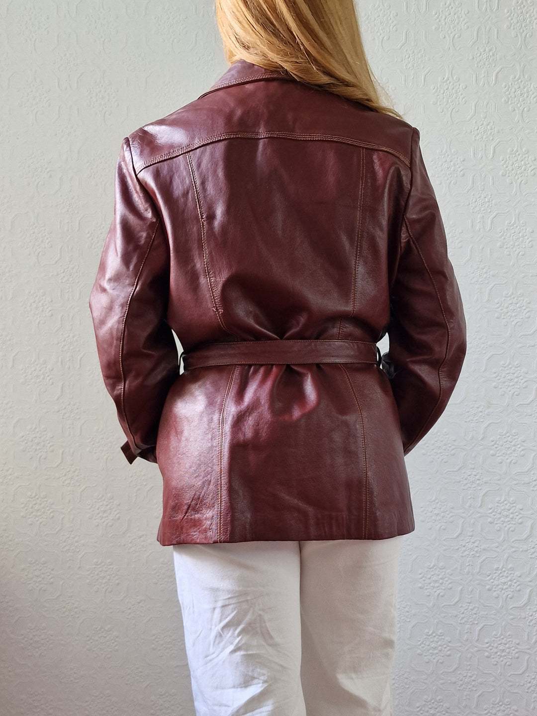 Vintage 80s Dark Cherry Red Genuine Leather Jacket with Belt - M