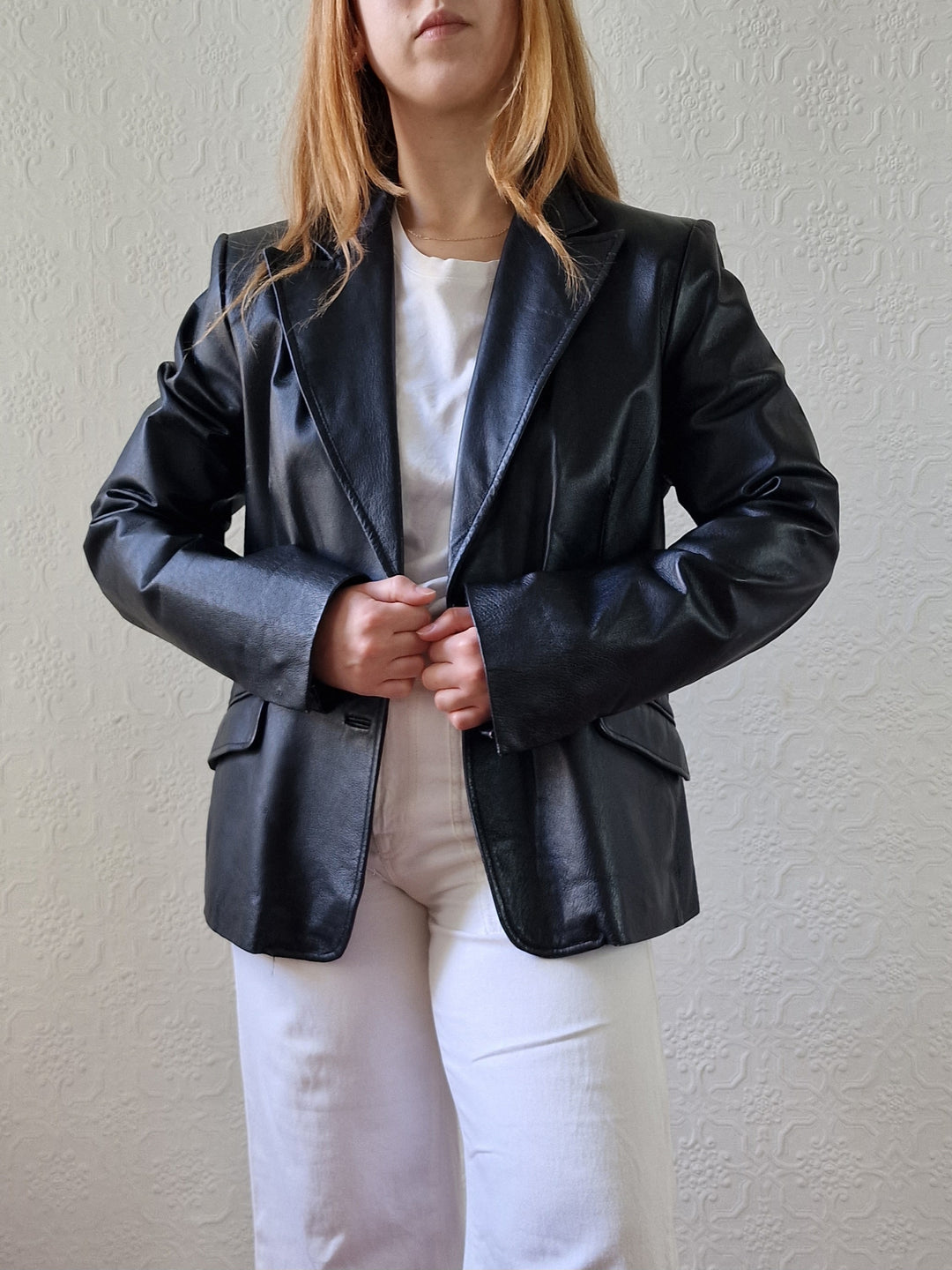 Vintage 90s Black 100% Genuine Leather Blazer Style Jacket - S