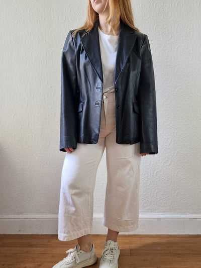 Vintage 90s Black 100% Genuine Leather Blazer Style Jacket - S