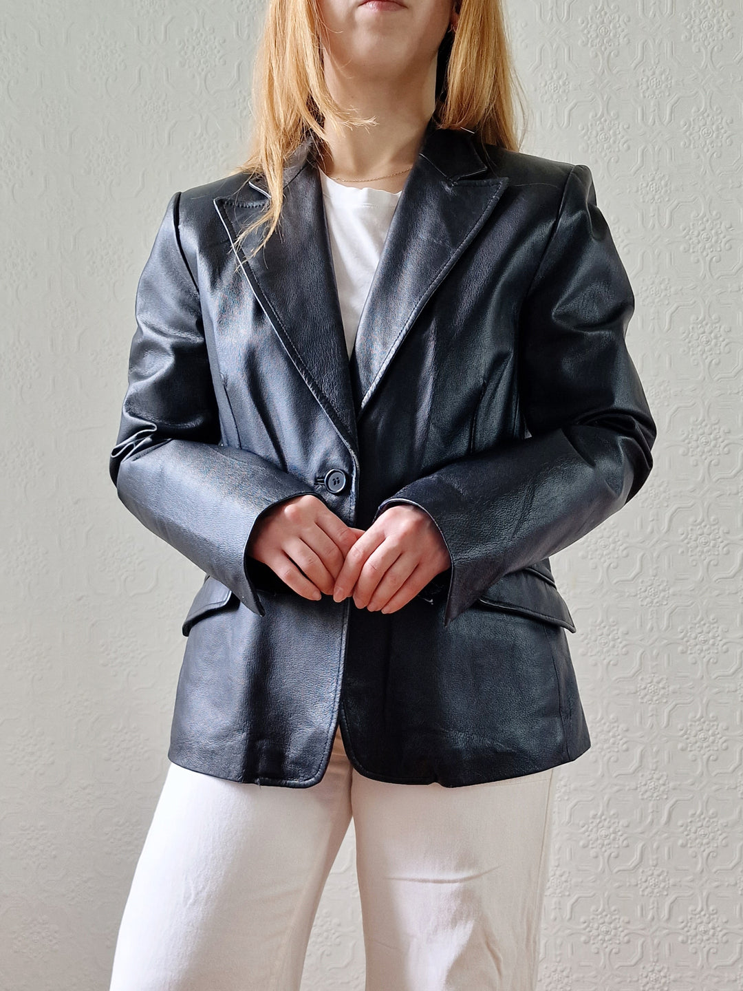 Vintage 90s Black 100% Genuine Leather Blazer Style Jacket - S