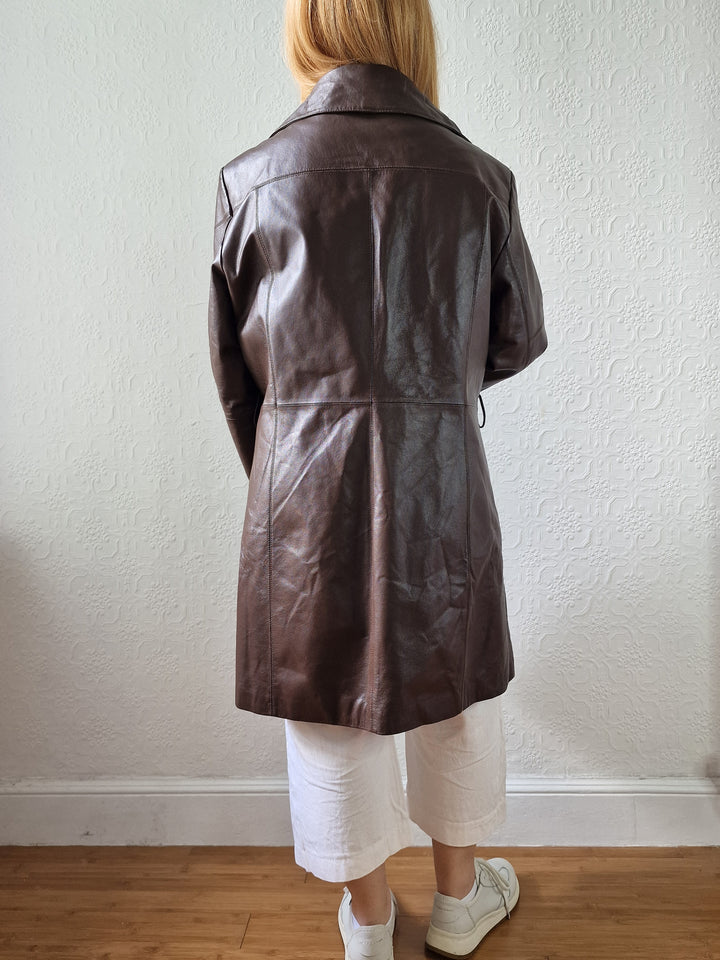 Vintage Dark Brown 100% Genuine Leather Mid Length Jacket - XL