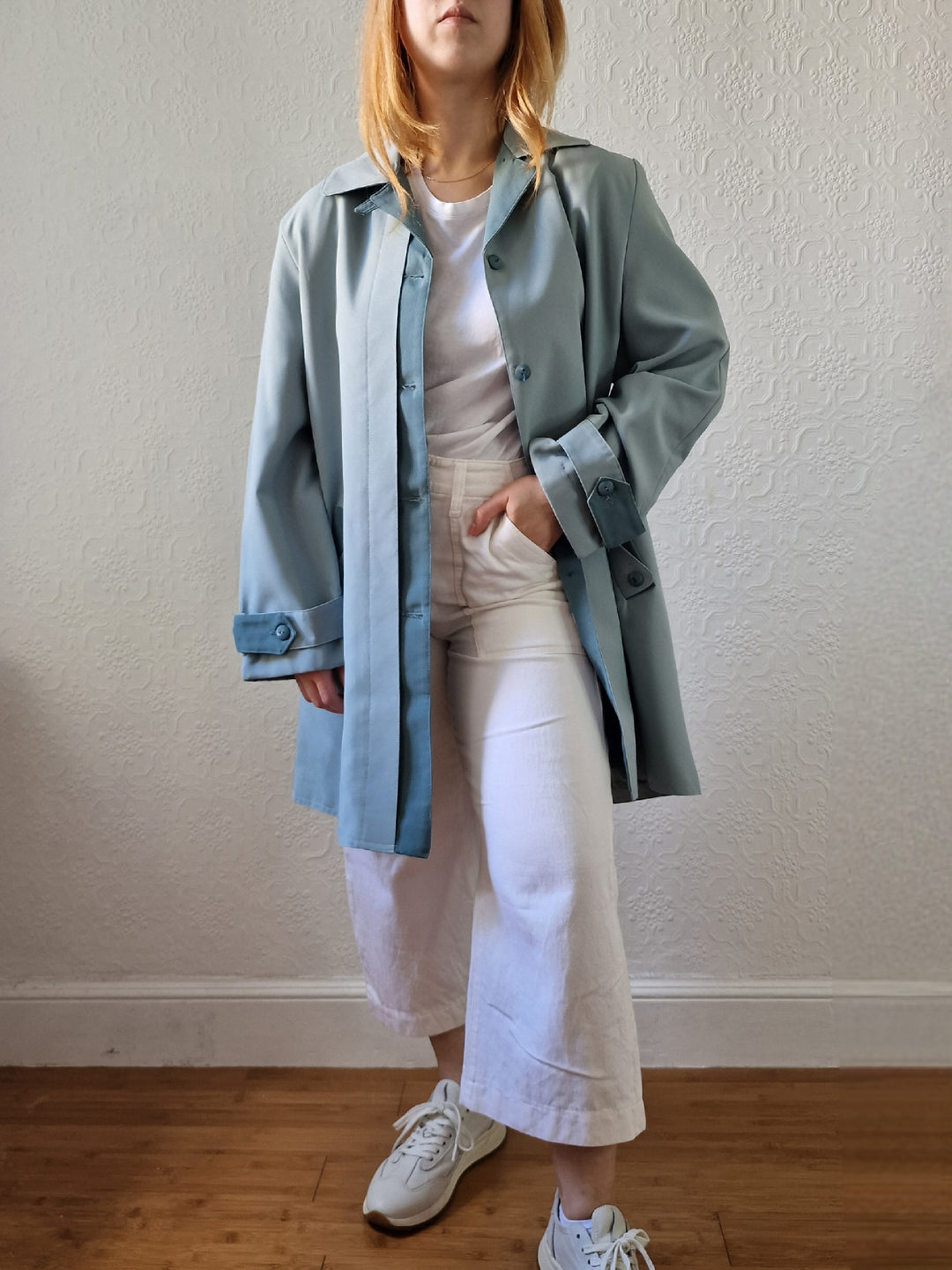 Vintage Light Blue Single Breasted Mid Length Trench Coat - M