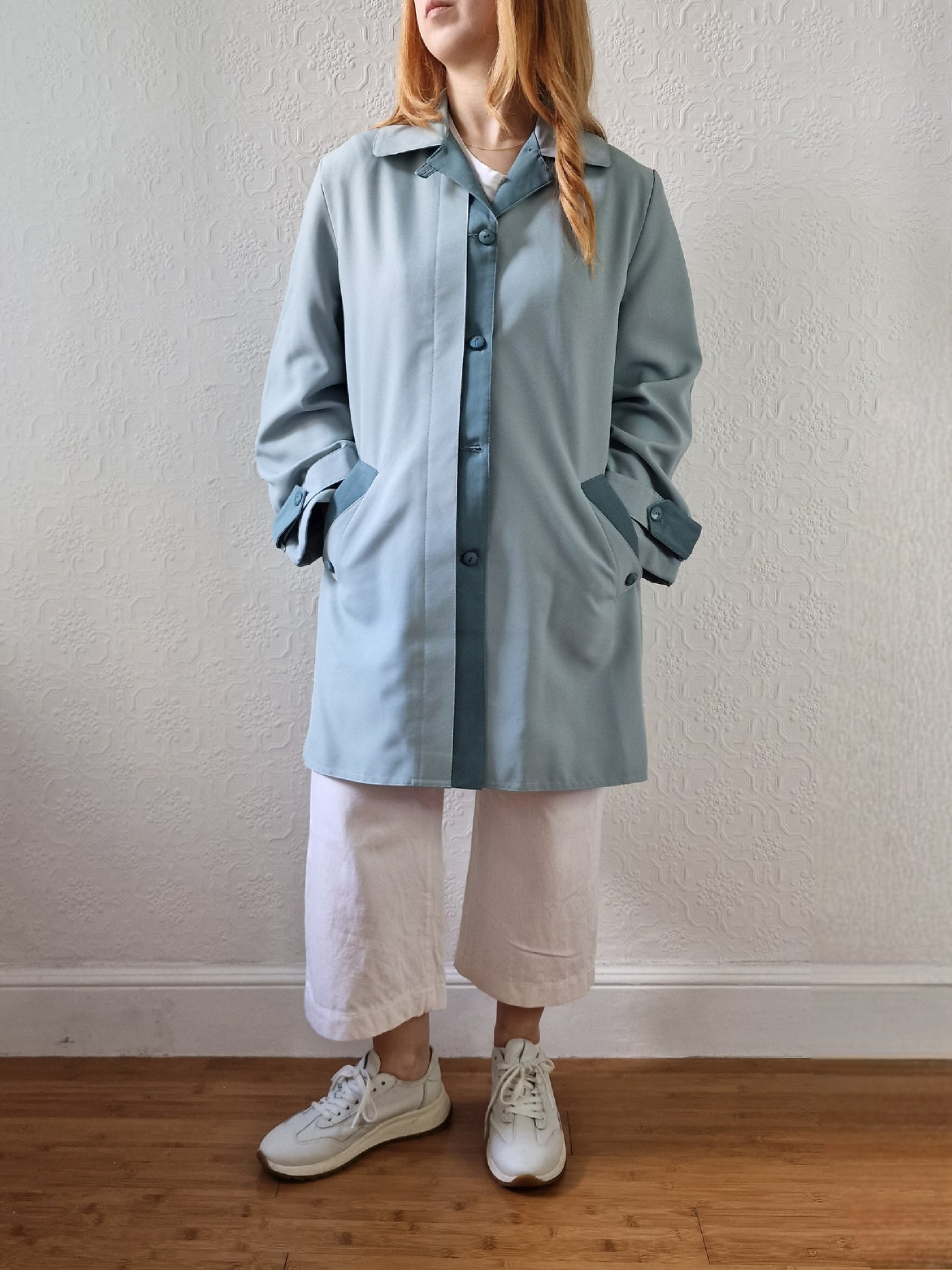 Vintage Light Blue Single Breasted Mid Length Trench Coat - M