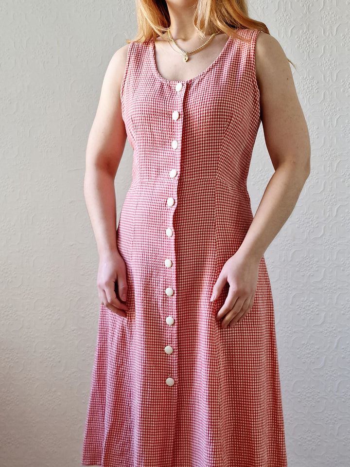 Vintage 90s Red Gingham Sleeveless Midi Dress - S/M