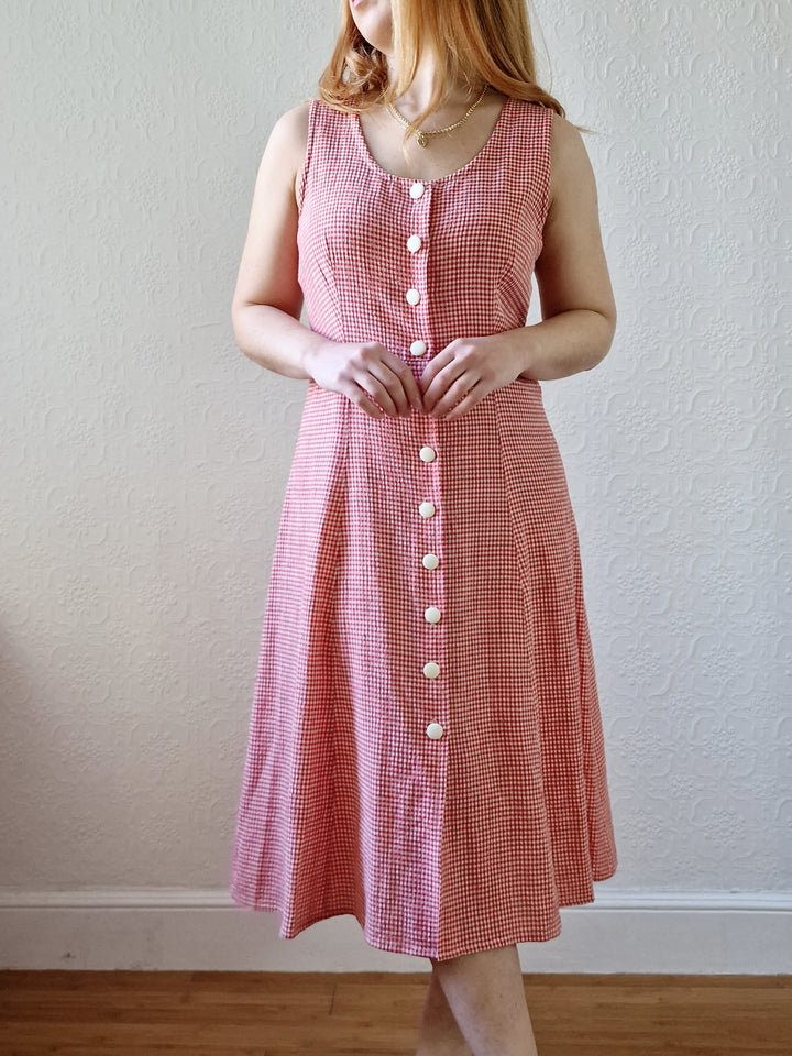 Vintage 90s Red Gingham Sleeveless Midi Dress - S/M