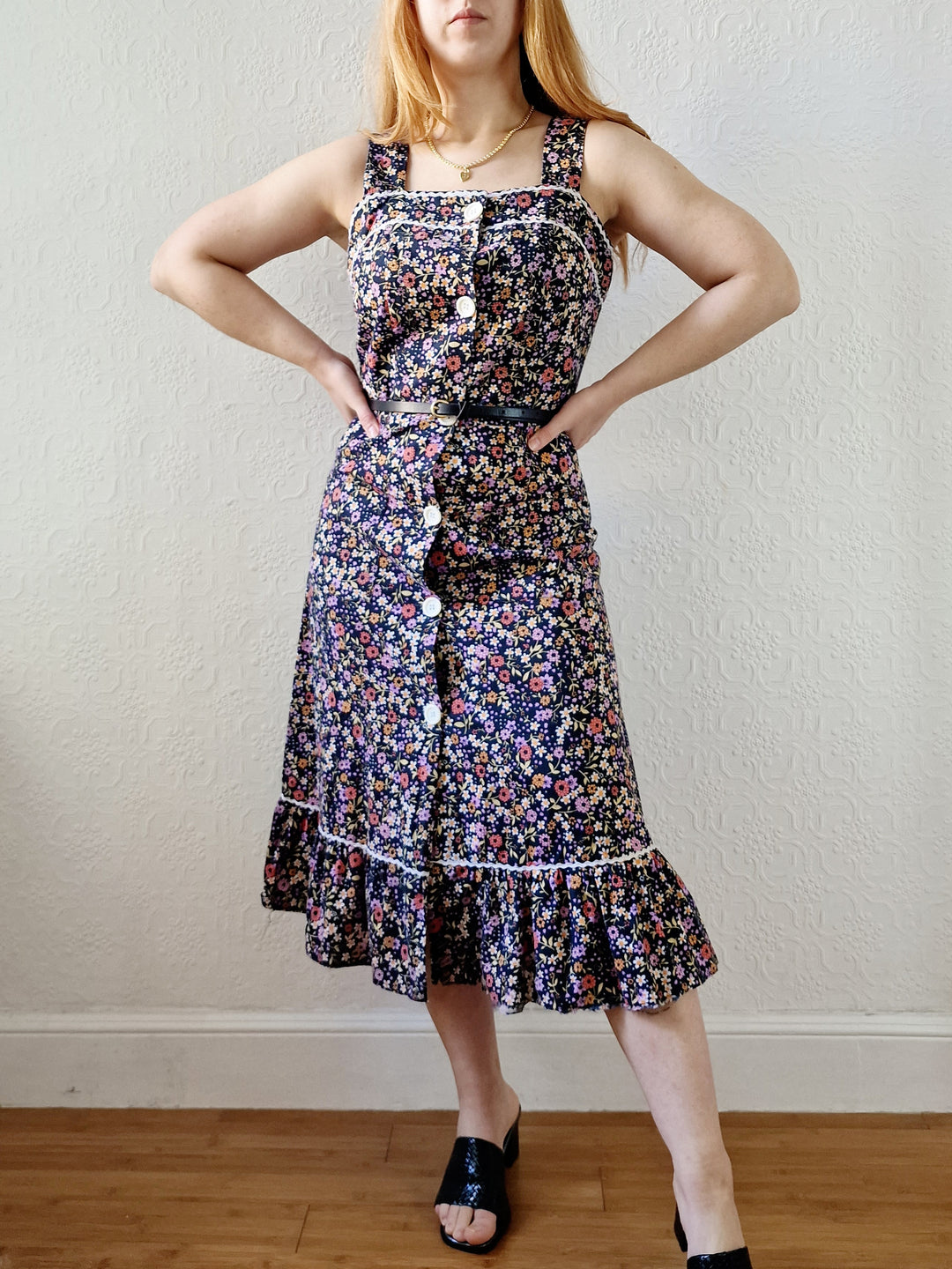 Vintage 90s Multicolour Floral Sleeveless Midi Dress - S/M