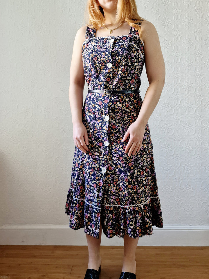 Vintage 90s Multicolour Floral Sleeveless Midi Dress - S/M