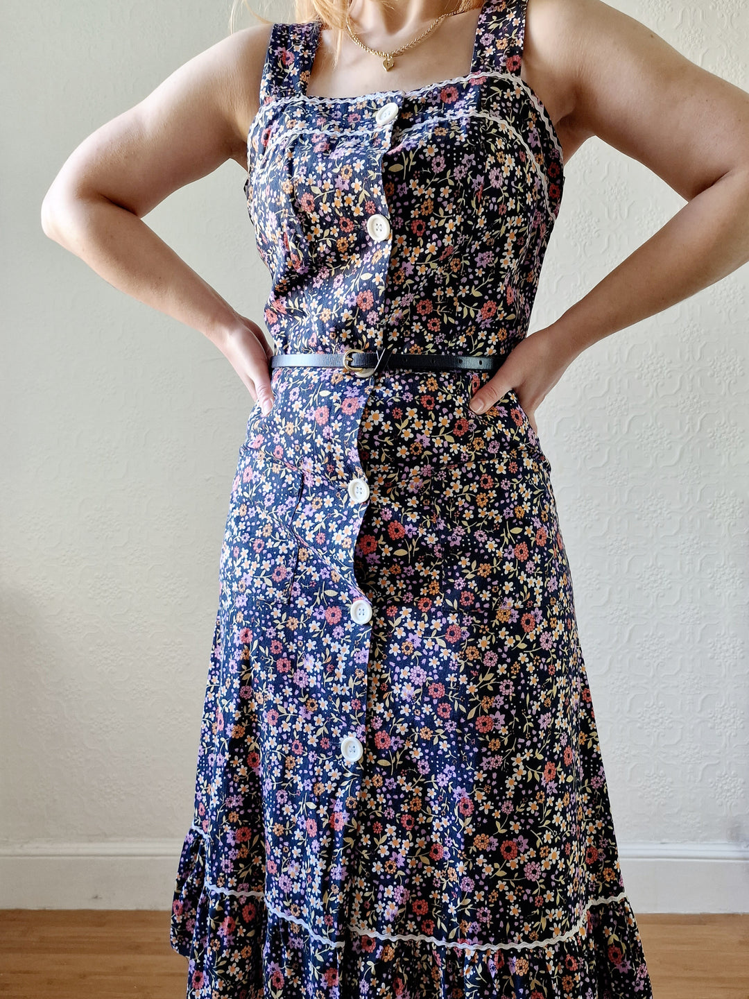 Vintage 90s Multicolour Floral Sleeveless Midi Dress - S/M