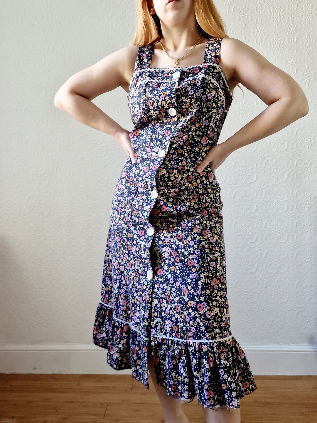 Vintage 90s Multicolour Floral Sleeveless Midi Dress - S/M