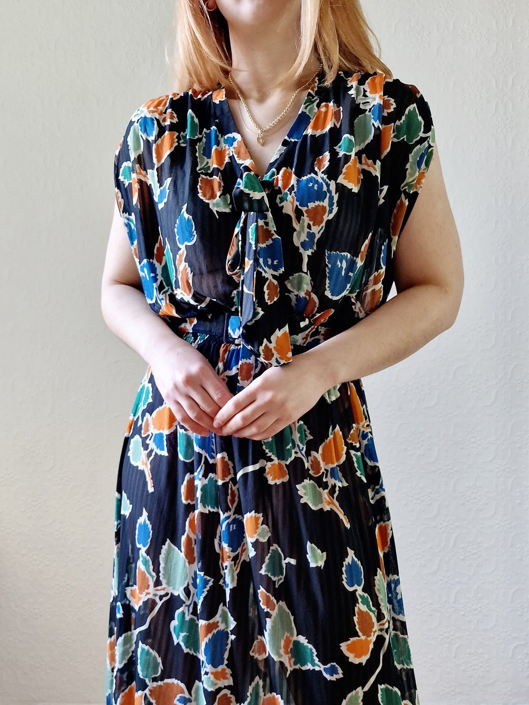 Vintage 80s Multicolour Leaf Print Midi Dress with Belt - M/L