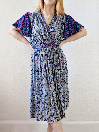 Vintage 80s Purple, Blue and Pink Floral Midi Dress with Angel Sleeves - M